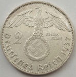 Alemanha Reich - Moeda de 2 Reichsmark Paul Von Hindenburg (Letra E) ano 1937 - Prata 625 com 8 gramas.