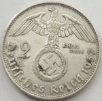 Alemanha Reich - Moeda de 2 Reichsmark Paul Von Hindenburg (Letra A) ano 1937 - Prata 625 com 7.8 gramas.