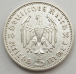 Alemanha Reich - Moeda de 5 Reichsmark Paul Von Hindenburg (Letra A) ano 1935 - Prata 900 com 14 gramas.