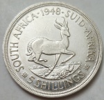 África do Sul - Moeda de Prata 5 Shillings (George VI) ano 1948. Peso: 28.2 gramas.