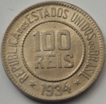 Brasil - Linda moeda de 100 réis (V-088) ano 1934 no estado FC.