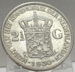 Holanda - Moeda de prata 21/2 (Dois e meio) Gulden ano 1930. Peso: 24.9 gramas.