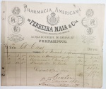 Antiga nota de compra de produtos farmacêuticos "Pharmacia Amricana de Ferreira Maia & Cia" ano 30.11.1880.