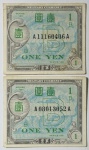 Japão - Lote com 2 cédulas militares de 1 Yen ano 1940.