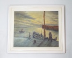 Belíssimo quadro com pintura de porto ao entardecer com barcos e pescadores - Tela colada sobre eucatex - O.S.Tela, A.C.I.E - Moldura: 1,00 X 0,83 cm - Tela: 80 X 64 cm - Retirada no local - RJ - Vide Fotos!