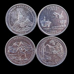 NUMISMÁTICA,  Lote 4 Moedas Quarter Dollar - Valor de mercado R$ 40 - Estados e Parques: Florida; Hawaii Volcanoes; Ozark Riverways; Denali | State/National Park