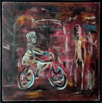 IBERÊ CAMARGO, ÓLEO SOBRE TELA, PASEIO DE BICICLETA  70 X 70 cm. OBRA ACOMPANHA DOCUMENTO DE EXPERTISE