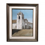 Jean Guillaume. Óleo sobre tela colado em Eucatex representando "Convento de Cabo Frio, 1979". Assinado no canto inferior direito e no verso. Medidas: 61 x 46 cm.