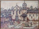 Helena Mendonça - Convento de Cabo frio / 1981. Técnica mista sobre cartão colado em Eucatex. Assinada no canto inferior direito e intitulado no verso.Medidas 30x40cm.