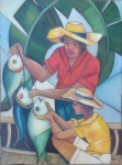 F. LALINY 99. Óleo sobre tela colado em Eucatex Pescadores". Medidas 57x76cm.