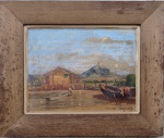 Raul Deveza - Bahia 1940. Óleo sobre tela colado em cartão representando paisagem econografica da Bahia, com dedicatória a Eneida Cunha. Assinado no canto inferior direito e no verso. Medidas 27x45cm.