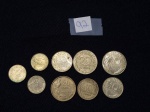 Lote de 9 moedas francesas, sendo 20F (1952/1997/1994), 20F (1969/1989/1992), 5F (1994/1997/1998)