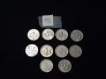 Lote de 10 moedas do Reino Unido de 5 Pence, Elizabeth II, datada 1990/1992/1995/1996/1998/2000/2006/2012.