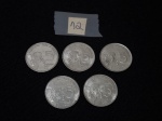 Lote de 5 moedas nacionais de 5 centavos em aço, datadas de 75/76. Serie FAO - "Boi - Alimentos para o mundo".