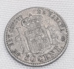 Espanha - Moeda de 50 cêntimos em prata 835, datada de 1889, periodo Rei Alfonso XIII. Medindo 18mm, pesando 2,5 gramas.