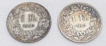 Suíça - 2 Moedas de 1 franco em prata 835, datada de 1913 e 1943, periodo Confederação Helvética. Medindo 23mm, pesando 5 gramas (cada).