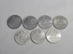 Brasil - 7 Moedas de 2 cruzeiros em alumínio, datado de 1957 à 1961, período Cruzeiro (1942-1986).