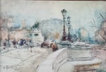 Arthur Timotheo da Costa (1882-1922). CENA URBANA PARISIENSE. 1908. Aquarela sobre papel. 24 x 34 cm (mi); 41 x 52 cm (me). Assinado e datado no cie. Proteção de vidro. Em perfeito estado de conservação. Cachet de Tableau Artes e Leilões, no verso. Leia mais: a cena retrata a estátua equestre do rei francês Henrique IV vista da Pont Neuf, em Paris, sobre a qual está provavelmente o pintor. A presente aquarela, de 1908, é das raras obras produzidas pelo artista no período em que esteve na Europa, onde desfrutava da bolsa recebida pelo Prêmio de Viagem à Europa na Exposição Geral de Belas Artes de 1907, então o mais importante certame artístico brasileiro, com o quadro Antes da Aleluia.