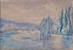 Gustave Henri Marchetti (França, 1873-1938). PONTE FLUVIAL, BARCO E CIPRESTES. Meudon (?), 1913. Aquarela sobre papel. 19 x 26 cm (mi); 34 x 42 cm (me). Assinado, localizado e datado no cie. Moldura em madeira. Proteção de vidro.