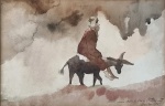 Jiri Trnka (República Tcheca, 1912-1969). HOMEM CAVALGANDO BURRO. 1945. Aquarela sobre papel. 18 x 26 cm (mi); 46 x 52 cm (me). Assinado e datado no cid, com inscrições. Moldura em madeira. Proteção de vidro. Passepartout com manchas. Jiri Trnka foi um criador de marionetes, ilustrador, animador e realizador, mais conhecido pelas suas obras em motion-picture. Leia mais em https://pt.wikipedia.org/wiki/Ji%C5%99%C3%AD_Trnka .