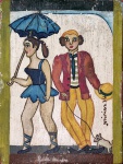 Míriam Inês da Costa Silva Cerqueira, dita Mirian (1939-1996). CASAL COM CACHORRO. 1974. Óleo sobre madeira. 18 x 14 x 2 cm. Assinada e datada no cid.