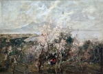 Giuseppe Casciaro (1861-1941). PRIMAVERA DEL GOLFO DI NAPOLI. Óleo sobre madeira. 50 x 70 cm (mi); 80 x 100 cm (me). Assinado no cie. Pesada moldura em madeira nobre. Ao fundo, pode-se avistar o Vesúvio, famoso vulcão local. Artista com alta cotação internacional. Leia mais em https://it.wikipedia.org/wiki/Giuseppe_Casciaro