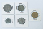 Numismática - Brasil, Cinco moedas série vicentina, 1532 - 1932, sendo: 100 reis, 200 reis, 400 reis, 1000 reis e 2000 reis.