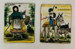 Dois azulejos portugueses, sendo um de Malveira, vila portuguesa, e outro de campinos, nome dado aos cavaleiros da região de Ribatejo. Med. 16,5x12,5 cm. / 16,5x12,5 cm.