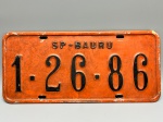 COLECONISMO - Placa automotiva em alumínio - Laranja - SP - Bauru 1-26-86 - Med. 16x35 cm.