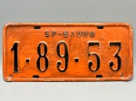 COLECONISMO - Placa automotiva em alumínio - Laranja - SP - Bauru - 1-89-53. Med. 13x40 cm.