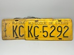 COLECONISMO - Par de placas automotiva em alumínio, sendo traseira e dianteira - Amarelas - RJ - Duque de Caxizas. - KC - 5292. Med. 16x35 cm e 16x40 cm.