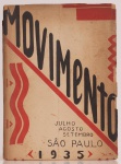 Capa de Anita Malfatti. MOVIMENTO - Revista do presente que enxerga o futuro, São Paulo, 1935. Textos: `Roberto` por Mário de Andrade ; `As Novas Tendências da Pintura Conteporânea` por Flávio de Carvalho; entre outros. 100 páginas.