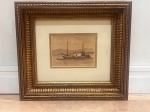 Quadro representando barco pesqueiro na região de Cananeia, executado em óleo sobre eucatex, composição em tonalidades sépia retratando embarcação de pesca ancorada com paisagem litorânea ao fundo. Assinado no canto inferior esquerdo, assinatura não identificada. A obra encontra-se montada em elegante moldura de madeira dourada.Título: Barco Pesqueiro  CananeiaTécnica: Óleo sobre eucatexAssinatura: Assinatura não identificada no canto inferior esquerdo