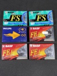 Fitas K7 BASF FE I 3 unidades, 1 Philips CD Plus 60 e 2 BASF FS 60min. LACRADAS.