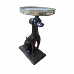 Mesa de apoio com base representando cachorro executado em bronze sobre  base retangular, sustentando bandeja de mármore com galerias em cobre vazada, Alt. 73, base 40 x 24, Diam. 36 cm,