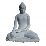 Escultório representando Buda, em argamassa pintado de branco, Alt. 80 cm. base 84 X 56 cm.