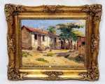 PAULO DO VALLE JÚNIOR (Pirassununga, 1886 - 1958, São Paulo) - Rara e lindíssima pintura finamente executada em técnica de óleo sobre placa, representando bela paisagem rica em movimentos e colorações, finos traços do renomado artista. Bom estado de conservação, assinada no C.I.E. Mede 23 x 32 cm. Enquadrada em belíssima moldura de madeira nobre patinada da época, com rico trabalho de motivo floral rococó medindo 37 x 46 cm. Perfeito estado de conservação, possui leve lasco na moldura conforme foto extra. NOTA SOBRE O ARTISTA: Paulo do Valle Júnior (Pirassununga, 22 de junho de 1886 - São Paulo, 19 de maio de 1958) foi um pintor e desenhista brasileiro.1Proveniente do interior de São Paulo, Valle Júnior foi um dos pintores paisagistas mais reconhecidos do Brasil no início do século XX, tendo como principal influência o fluminense Oscar Pereira da Silva 2 (1867-1939). Além de ser discípulo dos pintores franceses Marcel André Baschet (1862-1941), Jean-Paul Laurens (1838-1921) e Henri Paul Royer (1869-1938).3BiografiaInício de carreira (França e as primeiras exposições no Brasil)Valle Júnior4nasceu na cidade da região centro-leste do Estado de São Paulo, crescendo junto de seu pais Paulo Pereira do Valle e Vicentina Pereira do Valle. Ainda muito jovem foi trabalhar em um banco, à pedido de seu pai, que era contra a ideia do filho entrar no mundo artístico. Mas ficou pouco tempo nesse emprego, pois uma semana mais tarde se inscreveu na instituição Liceu de Artes e Ofícios de São Paulo (LAOSP), onde entrou definitivamente no ramo das artes.1Seu primeiro instrutor foi o já citado Oscar Pereira da Silva, que se destacou ao longo da carreira principalmente pelos seus retratos de personalidades brasileiras importantes na passagem do século XIX para o XX.2Devido ao seu empenho e principalmente pela sua prematuridade - ainda tinha em torno de 13 ou 14 anos -, o senador estadual Lacerda Franco o indicou para o então governador do Estado de São Paulo Dr. Jorge Tibiriçá para ganhar uma bolsa na Academia Julian, em Paris, na França. No entanto, ele só mudou definitivamente para o Velho Continente três anos mais tarde, em 1906, pois ainda era considerado muito jovem. Foi exatamente nessa época em que se levantou algumas suspeitas de que sua verdadeira idade teria sido aumentada em três anos, ficando a data de nascimento para 22 de junho de 18861 ao invés de 24 de julho de 1889, mas essa teoria nunca foi confirmada pelos historiadores.Seu sucesso na academia francesa foi quase em instantâneo, pois em 1908, foi agraciado com o primeiro lugar em um prêmio interno da instituição ao fazer a tela de um homem nu. Seu bom desempenho foi até confirmado por um jornal da época, publicado em 1909, que dizia: "P.Valle est en progrés constant; il y a un moelleux très agréable dans la toile, et malgré la force de tant vieux il peut aspirar aux premières places" (Tradução: P.Valle está em constante progresso; há uma suavidade muito agradável no tecido e, apesar da força de tão antiga, pode aspirar aos primeiros lugares ").5Ficou na capital francesa até 1912, quando sua bolsa de estudos se expirou. Retornou ao Brasil apenas para prorrogar o prazo do benefício, e conseguiu, podendo ficar por mais dois anos estudando na França. Em sua segunda passagem pela Europa, ele se casou com Noêmia Roberts, com quem viveu durante a vida toda, mas sem ter nenhum filho. Foi nesse período que ele conviveu também com os artistas brasileiros Dakir Parreiras, Edgard Parreiras, José Wasth Rodrigues, Campos Ayres e José Marques Campão, sendo que todos também eram bolsistas.1Só retornou definitivamente ao Brasil quando eclodiu a Primeira Guerra Mundial, em 1914. Retornando ao seu país, ele enfrentou logo na chegada uma baixa qualidade dos artistas nacionais, o que fez com que ele participasse de poucas exposições oficiais nos anos seguintes. Entre os anos de 1915 e 1920, seu grande trabalho foi a obra Pau-d'Alho, que até foi elogiada pelo escritor Monteiro Lobato.3 Mas a primeira grande exposição em âmbito nacional aconteceu em 1920, no Clube Comercial, que recebeu 81 telas do artista pirassununguense. A maioria delas eram a especialidade do pintor: paisagens. Retratos de estradas, cidades, telhados, igrejas, praias, mato, e até as velas e barcos de Angra dos Reis. Esse evento teve uma boa recepção por parte dos críticos. Nesse mesmo ano expôs suas obras ao lado do escultor Francisco Leopoldo e Silva, sendo patrocinado pelo jornal Estatuto.1Fez algumas outras exposições individuais nos anos seguintes, mas decidiu mostrar suas obras em locais coletivos. Os principais exemplo foram com a exposições da Escola Nacional de Belas Artes (ENBA), as do grupo Almeida Jr, e as nacionais da galeria Jorge e da galeria do Senhor Belido (que só teve uma edição). Além, é claro, dos eventos no Salão Paulista de Belas Artes, onde foi organizador e juri por inúmeras vezes (1937 a 1954).4Retorno à FrançaFicou por muito tempo ativo no meio artístico, mas foi se desmotivando ao longo dos anos, principalmente pela falta de incentivo e concorrência no Brasil, diferentemente do que havia visto no período em que morou na França. Sua prima, Irene Keller, contou diversas vezes que Valle Júnior ameaçava uma aposentadoria prematura, pensando até em se mudar para o Mato Grosso. Mas ao vê-lo deprimido, Irene convenceu seu marido Frederico Keller, em 1948,3 a pagar as despesas e a estadia de uma viagem para Paris. A principio duraria apenas por dois anos, e Paulo prometeu que todo o retorno que conseguisse seria entregue de volta aos Keller.1O que ninguém sabia é que novamente ele contaria com apoio do governo, que inventou alguns cargos para que ele ficasse por mais tempo na França. Paulo voltou para a Academia Julian, onde dedicava boa parte do seu dia. Também morava em um quartinho de hotel junto de sua esposa. Ficou por quatro anos na Europa, e ao voltar para o Brasil, cumpriu a promessa e deu todo o seu acervo de quadro para sua prima e o marido - esses por outro lado só aceitaram os quadros grandes, deixando os menores para a coleção pessoal do artista.1Ainda foi convidado para assumir a Pinacoteca do estado de, mas recusou porque não daria tempo para se dedicar as suas telas. Ele acabou envelhecendo por São Paulo, e mesmo com certa idade, alguns livros relatam que o artista continuou com um cabelo escuro, porte ereto, físico magro e principalmente um ar jovial. Além disso, há relatos de que ele não teve nenhum vício durante a vida.1Em 1956, Paulo apresentou uma retrospectiva de suas obras na galeria Prestes Maia, em São Paulo, expondo 209 óleos e 70 desenhos, a maioria sendo emprestada pelos colecionadores.3Durante a vida, Valle não aceitou nenhum discípulo ou aluno, mesmo assim foi extremamente importante nas obras de Nicola Petti (1904-1984) e José Marques Campão (1882-1949),3 sendo que esse último havia estudado com ele na França, em meados de 1910.Ele veio a falecer dois anos mais tarde, em maio de 1958, com 71 anos de idade, devido a um enfarte. Um ano depois, sua memória foi celebrada ao receber a honraria da SBPA, como homenagem póstuma.1Obra e Movimento ArtísticoPintura PaisagistaPor muito tempo a paisagem era considerada uma forma artística secundária, perdendo para muitos outros estilos pictóricos. O cenário foi se alterando ao longo do tempo, principalmente na passagem do séc. XVII, quando a pintura paisagística começou a se multiplicar na Europa.6A paisagem como natureza morta era considerada uma forma de arte burguesa.1 Segundo o historiador britânico Kenneth Clark (1903-1983), havia uma explicação filosófica para essa preferência dos burgueses. Para ele, essa era uma nova época em que os homens estavam livres de se perguntarem sobre o funcionamento da natureza; era uma nova época em que se desenvolveu a idade da botânica, e das descobertas dos novos mundos através das lentes, que se desenvolvia a teoria da luz. Sendo assim, essa vertente torna-se um reflexo da calma, principalmente com o relativo período de paz que se tinha no mundo.6Outras escolas e estudiosos criaram suas próprias teorias acerca do paisagismo da época. Um dos grandes exemplos foi a Escola de Barbizon, que propôs a ideia da paysage intime, apresentando a natureza sem idealizações nem sentimentalismos. Participaram deste grupo os pintores Jean-François Millet, Theodore Rousseuau, Honoré Daumier e Gustave Courbet.1Os pintores impressionistas também foram fundamentais nessa vertente, pois foram eles que trouxeram algumas técnicas que ajudavam na confecção das telas.1 Foram eles os primeiros a pintar ao ar livre, tendo como pioneiros os franceses Camile Pissarro e Claude Monet. Além disso, foi no movimento impressionista que passaram a perceber cores nas sombras, fazendo com que todo objeto representado tenha suas cores refletidas ao seu redor. Outro conceito trazido por eles, foi a utilização de cores mais claras, sempre evitando usar o preto.6Paisagismo no BrasilA paisagem na arte brasileira só aparecerá na metade do séc. XIX, na segunda geração de pintores que seguiram à Missão Artística Francesa. A Acadêmia Imperial de Belas Artes criou uma categoria para a Paisagem, sendo Victor Meireles o primeiro a se sentar na cadeira dedicada para essa vertente. E pouco depois ainda seria ocupada por Zeferino da Costa. No entanto, ambos os artistas não tinham tanta afinidade com as técnicas. O lugar só foi ocupada por um especialista quando o pintor alemão George Grimm chegou ao Brasil. Ele foi convidado pela instituição após algumas exposições em Minas Gerais e no Rio de Janeiro. Ele também foi o primeiro a trazer a pintura ao ar livre para o país.6Foi exatamente a inclusão desta técnica da academia que fez com que ele permanecesse pouco tempo à frente da cadeira. Como saía todas as tardes com seus alunos, ele passou a ser criticado internamente, e decidiu abandonar o cargo. Alguns alunos também saíram com ele após a tomada de decisão.1Nesse período muitos artistas estrangeiros vieram ao Brasil para buscar inspirações em suas telas. Por exemplo: Thomas Ender, Frans Post, Jean-Baptiste Debret, Armaud Julien Pallière e Nicolau Facchinetti .1O grande intercâmbio de paisagistas fez com que o tema virasse de interesse entre os nativos, aumentando a popularidade entre os iniciantes da arte. O paisagismo passou a ser olhado com mais atenção principalmente no estado de São Paulo, sendo que um de seus primeiros expoentes foi Miguel Arcanjo Benício de Assunção Dutra, o Miguelzinho Dutra. Na geração seguinte, o nome mais promissor era exatamente o Paulo do Valle Júnior, uma aposta tanto da crítica artística, quanto do poder público.6ObraAnáliseValle Júnior era considerado um ótimo retratista, usando pinceladas longas e nervosas, nunca se atendo ao detalhe, mas buscando encontrar a personalidade do que estava sendo retratado. O que era mais frequente em suas composições era o nu, quase sempre do sexo feminino. Os quadros eram elaborados com liberdade e espontaneidade, em poses simplificadas, porém, muito bem construídas. O desenho é rigoroso e o colorido da carne humana era sempre agradável ao público.3Ele foi um dos melhores pintores na questão de captar a perspectiva aérea, sendo um dos poucos que não sofreu com declínios ao longo do tempo. Nos primeiros momentos de sua trajetória, alguns de seus quadros tinham a preocupação de reproduzir o real, sem a mesma naturalidade e espontaneidade dos posteriores, podendo ser uma clara influência do período em que foi discípulo de Oscar Pereira da Silva.7No período em que passou na França, a maioria do seu acervo retratava a visão de sua janela do ateliê, mostrando, na maior parte das vezes, cenas do inverno francês, nos quais o colorido é escuro e o céu é cinza - a única tonalidade branca eram encontradas nas neves do telhado. Outros tantos tipos foi pintado no Velho Continente, principalmente quando haviam dias com mais cor, por exemplo, no outono. Os cenários também eram diferentes, hora em Paris, hora em Chezeux, a terra de sua esposa Noêmia Roberts.1Outro grande apreço do pintor era pelas águas, sendo que rios, mares e portos calmos eram os objetos preferidos por causa dos reflexos que eles produziam. Também gostava bastante de praias, captando estaleiros e barcos, ou qualquer outro tipo de objeto que possa ser casado com as águas, e posteriormente representado em sua tela.3Outro grande feito que conseguiu na França foi dosar as luzes, assim como os impressionistas usavam. Em um de seus quadros, em que ele pinta um trigal, as sombras dos trigos e das árvores projetam de uma forma memorável. Esses mesmos efeitos de luz foram usado em muitos de seus quadros no Brasil. Não se pode afirmar que ele foi um impressionista, mas usou de todas as cartilhas feitas pela escola, principalmente quando falamos das cores dos quadros.1Hoje algumas de suas telas a óleo encontram-se com a tinta com a impressão de ter algumas rachaduras, outras formaram escamas que se descolaram da tela, prejudicando um maior repertório sobre o artista brasileiro. Seus quadros nunca recebiam verniz, e ele recomendava ao colecionador que não o colocasse, pois se perderiam alguns efeitos.1 Além disso, ele também não costumava datar as suas obras, e ao longo da carreira teve dois tipos de assinatura, o que também dificulta no acesso as obras nos dias atuais.4Como Paulo puxou uma nova geração de paisagistas, ele nunca se prendeu nas obras históricas ou aos costumes brasileiros da época, e por isso foi intensamente criticado algumas vezes - apenas uma vez decidiu fazer um quadro sobre a Revolução Constitucionalista de 1932.1Cronologia de exposiçõesExposições de Valle Júnior incluíram apresentações individuais e coletivas, principalmente:11905: Exposição individual em São Paulo para pleitear a bolsa de estudos na França1915: Expõe 14 obras na Casa Aurora, na rua São Bento1917: Exposição Nacional de Belas-artes: Medalha de Prata com a obra Pau-d'Alho1918: Exposição Nacional de Belas-artes: paisagem1920: Faz a primeira grande exposição de sua vida, colocando 81 imagens no Clube Comercial1921: Na vitrine Casa Excelsior expõe o retrato do Dr. Arnaldo Viera de Carvalho1922: Exposição geral de Belas-artes: Cambiantes, Esplendor da Marinha, Rancho da Ponte/ Exposição na Casa Byington1923: Exposição na Casa Byington1926: Expõe na Grande Exposição Anual da Galeria Jorge1927: Expõe na Grande Exposição Anual da Galeria Jorge1928: Exposição de Belas-artes/ Expões com o Grupo Almeida Jr. no Palácio das Arcadas1936: Expõe com o Grupo Almeida Jr.1937: Expõe com o Grupo Almeida Jr.1939: Expõe os quadros Fazenda do engenho d'água (Vila Bela), Margaridas, Palmo de Santa Rita1941: Expõe os quadros Marinha (Niterói), Vida Praiana e Recanto do Guarujá1954: Expõe a mostra Um Século de Pintura Brasileira, do SNBA1956: Faz a grande exposição retrospectiva na galeria Prestes Maia, divulgando mais de 209 telas a óleo e 70 desenhos que foram produzidos ao longo da carreira.