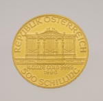 Numismática - Moeda Austríaca - 500 schilling em ouro 999.9 - Filarmônica de Viena - datada de 1996 - med. 2,1 cm de diâmetro - peso aproximado 7,8 gr - ESTE LOTE SOMENTE PODERÁ SER RETIRADO COM AGENDAMENTO PRÉVIO DE 48H DE ANTECEDÊNCIA, MEDIANTE CONFIRMAÇÃO DO PAGAMENTO, POIS NÃO SE ENCONTRAM NO LOCAL DE REALIZAÇÃO DO LEILÃO