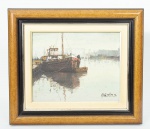 Marcelo Erustes (Buenos Aires - Argentina 1962) - Marinha com barco O.S.E, ass. e datado 1996 - C.I.D, tendo no verso certificado de autenticidade med. 24x30 cm, com moldura 39x45 cm (pintura com manchas do tempo, precisando de limpeza e moldura com pequeno defeito).