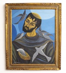 Di Branco (Belém do Pará) - São Francisco  de Assis com pombas - o.s.t - assinado e datado de 1997 - c.i.e, moldura em madeira entalhada com pátina a folha de ouro - med. 89x69 cm e com moldura - med. 108x89 cm - este quadro não pode ser enviado pelos correios