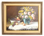 Assinatura não Identificada - Natureza Morta com frutas e flores - o.s.t - assinado c.i.e, moldura em madeira entalhada - med. 70x90 cm e com moldura - med. 94x114 cm - este lote não pode ser enviado pelos correios