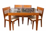 Conjunto de mesa de jantar e quatro cadeiras em madeira, mesa com tampo retangular vidro fume (vidro com manchas e desgastes), pernas retas med.80x120x90 cm e cadeiras com encosto vazado e assento estofado em tecido bege com pernas retas med. 90x46x50 cm (mesa e cadeiras com desgastes no verniz, tecidos dos assentos com desgastes de uso, uma com pequeno rasgo na lateral, pequenas falhas na madeira em algumas pernas das cadeiras).