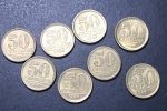 lote com 8 moedas de 50 centavos de 1956 modulo menor com brilho de cunhagem