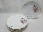 Jogo de 5 pratos rasos de mesa em porcelana Schmidt floral com friso ouro. Medindo 24,5cm de diâmetro.