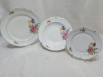 Jogo de 3 pratos decorativos em porcelana Schmidt floral com friso ouro. Sendo um raso, um fundo e um de sobremesa. Com bicados