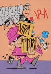 JR IRA - Maurílio Souza Jr(Rio de Janeiro/RJ, 1981), "Vida Tinta". Tinta acrílica e Spray sobre tela. Assinado. Produção 2023. Med. 50 x 70 cm (ME).  Acervo particular ateliê do artista. A obra pelo artista:   vida tinta, uma liberdade poética a partir da expressão vida e tinta, é um uma escolha, no aspecto do trabalhador da arte que se põe a pintar. não apenas o pintor confinado nas academias, mas todos e todas que através da pintura narram e constroem a memória cultural e artística das cidades. indiscutivelmente o foco está nos trabalhadores da cultura de rua, mas a ideia geral é uma memória da vida corrida entre tintas d telas. Nota Biográfica: Desenhista, designer, pintor, ilustrador, Ira é um artista que frequenta a academia das Ruas e aprende através da troca e oralidade. Grafitti e a Pichação foram as culturas que o levaram a encontrar sua jornada, o que o levou para o campo das artes plásticas. Ira é um jovem artista com identidade, características próprias e que consegue sintetizar suas buscas, memórias, cores e movimentosSuas obras são um resultado de sentimentos de quem traduz, em telas, sua jornada que se confunde com o cotidiano das cidades, suas subculturas e a relação com o Street Art.Temos como olhar Ira e lembrar de Andy Warhol, o movimento da Pop Art, da Street Art flertando entre Banksy e Kaws e, principalmente, um artista que retrata, de forma lúdica, com uma pitada do surreal, a história das periferias.É interessante perceber o resgate na memória de personagens de quadrinhos e clássicos dos vídeo games, mas que na verdade são prepositivas a partir da desconstrução da imagem. A face, determina a identidade, a desconstrução da imagem abre leques de possibilidades permitindo que possamos interagir com a mente do Ira e na forma que suas obras narram sua jornada: "Sempre amei desenhar, viajava que poderia ser um super-herói, alguém que pudesse voar pra outras realidades diferentes da minha. Isso me faz refletir a identidade secreta de pessoas comuns e misturar com elementos que vejo e absorvo nos diferentes lugares" . Fonte : Ghetto Colletiv 2023; https://ghettocolletiv.my.canva.site/juniorira
