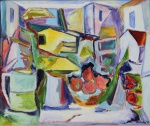 Aldo Bonadei (São Paulo SP 1906 - idem 1974), "Sem título".  Óleo sobre tela. Assinado. Datado de 1970. Med 38 x 46 cm (MI), 50,5 x 58 cm (ME). Sujidade sobre a camada pictórica. Moldura com pequenas avarias. Coleção Pinheiro - Niterói /RJ.  Nota Biográfica: Aldo Cláudio Filipe Bonadei foi um pintor brasileiro, destacado integrante do Grupo Santa Helena por sua formação mais erudita. Pintor, designer, gravador, figurinista e professor. Entre 1923 e 1928 Bonadei foi aluno de desenho do pintor Pedro Alexandrino (1856 - 1942), período em que também frequentou o ateliê do pintor Antonio Rocco (1880 - 1944). Em 1929, Bonadei torna-se amigo do professor de arte Amadeo Scavone. Viaja para a Itália, entre 1930 e 1931, e frequentou a Accademia di Belle Arti di Firenze Academia de Belas Artes de Florença, onde tem aulas com o pintor Felice Carena (1879 - 1966) e seu assistente Ennio Pozzi (1893 - 1972), ambos ligados ao movimento novecento. Nesse período, dedica-se ao desenho da figura humana, principalmente ao nu.  Retorna a São Paulo no início da década de 1930 e participa ativamente do Grupo Santa Helena, da Família Artística Paulista - FAP e do Sindicato dos Artistas Plásticos. Integra de 1939 e 1941 o Grupo Cultura Musical, criado pelo psiquiatra Adolpho Jagle, que promove reuniões de artistas. Datam dessa época as suas primeiras experiências abstratas. Em 1949 leciona na Escola Livre de Artes Plásticas, primeira escola de arte moderna de São Paulo e participa do Grupo Teatro de Vanguarda. No ano seguinte, funda a Oficina de Arte - O. D. A., com Odetto Guersoni (1924 - 2007) e Bassano Vaccarini (1914 - 2002). No fim da década de 1950 atua como figurinista nas peças Vestido de Noiva, de Nelson Rodrigues (1912 - 1980), e Casamento Suspeitoso, de Ariano Suassuna (1927), ambas encenadas pela Companhia Nídia Lícia - Sérgio Cardoso. Nesse período, desenha alguns figurinos para dois filmes dirigidos por Walter Hugo Khoury (1929 - 2003), Fronteiras do Inferno (1958) e Na Garganta do Diabo (1959). Referências Bibliográficas : https://pt.wikipedia.org/wiki/Aldo_Bonadei e https://www.escritoriodearte.com/artista/aldo-bonadei.