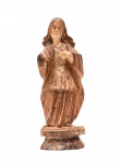 Arte Sacra - escultura religiosa  de uso doméstico, de madeira esculpida, com resquícios da policromia original. Olhos de vidro.  Brasil - Século XIX. Med. 20 x 7 x 5 cm. Marcas e desgastes do tempo. Perdas. Acervo Particular Rio de Janeiro/RJ.