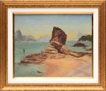 Iconografia - Pintura iconográfica com vista do Rio de Janeiro a partir de Niterói - Pedra de Itapuca -  Praia de Icaraí. Óleo sobre tela. Assinado V. Santos. Datado, 1950. Med. 38 x 46 cm (MI); 53 x 61 cm(ME). Sujidade sobre a camada pictórica. Acervo Particular Rio de Janeiro/RJ.