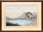 Iconografia - Pintura iconográfica com vista do Rio de Janeiro - Praia de Botafogo. Técnica mista sobre papel. Sem assinatura aparente. Pintor viajante - circa 1900. Med. 32 x 49 cm (MI); 51 x 67 cm(ME). Sujidade sobre a camada pictórica. Acervo Particular Rio de Janeiro/RJ. Sujidade e pontos de acidez sobre o papel. Acervo Particular Rio de Janeiro/RJ.
